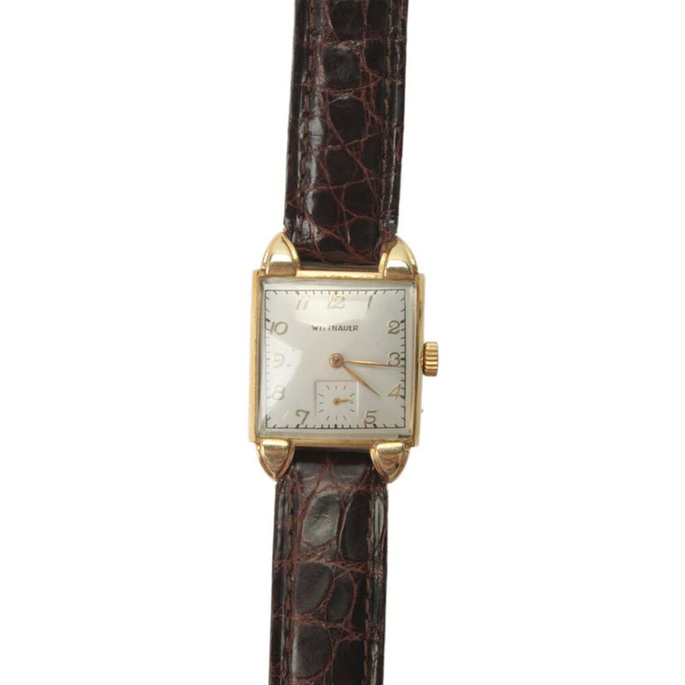 Wittnauer Mens Vintage 1950s 14K Gold Tank Style Engraved Mechanical Watch 26mm